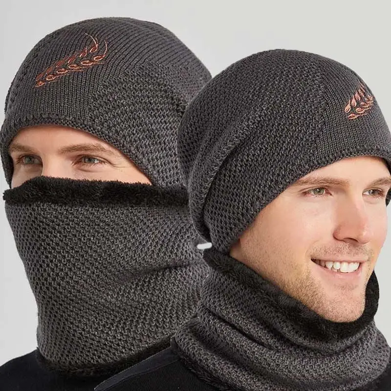 

Winter Beanies Hats Knitted Warm Skullies Hats For Men Embroidered Wheat Prinedging Caps Outdoor Balaclava Mask шапка мужская