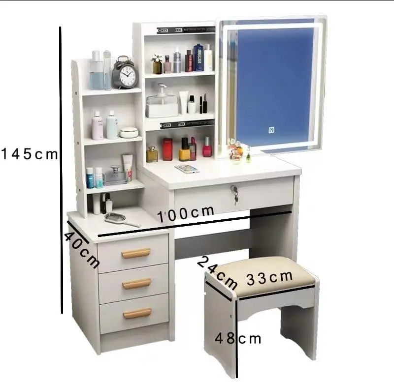 طاولة تجميل بيضاء مع كرسي، طاولة مكياج مع مرآة LED...