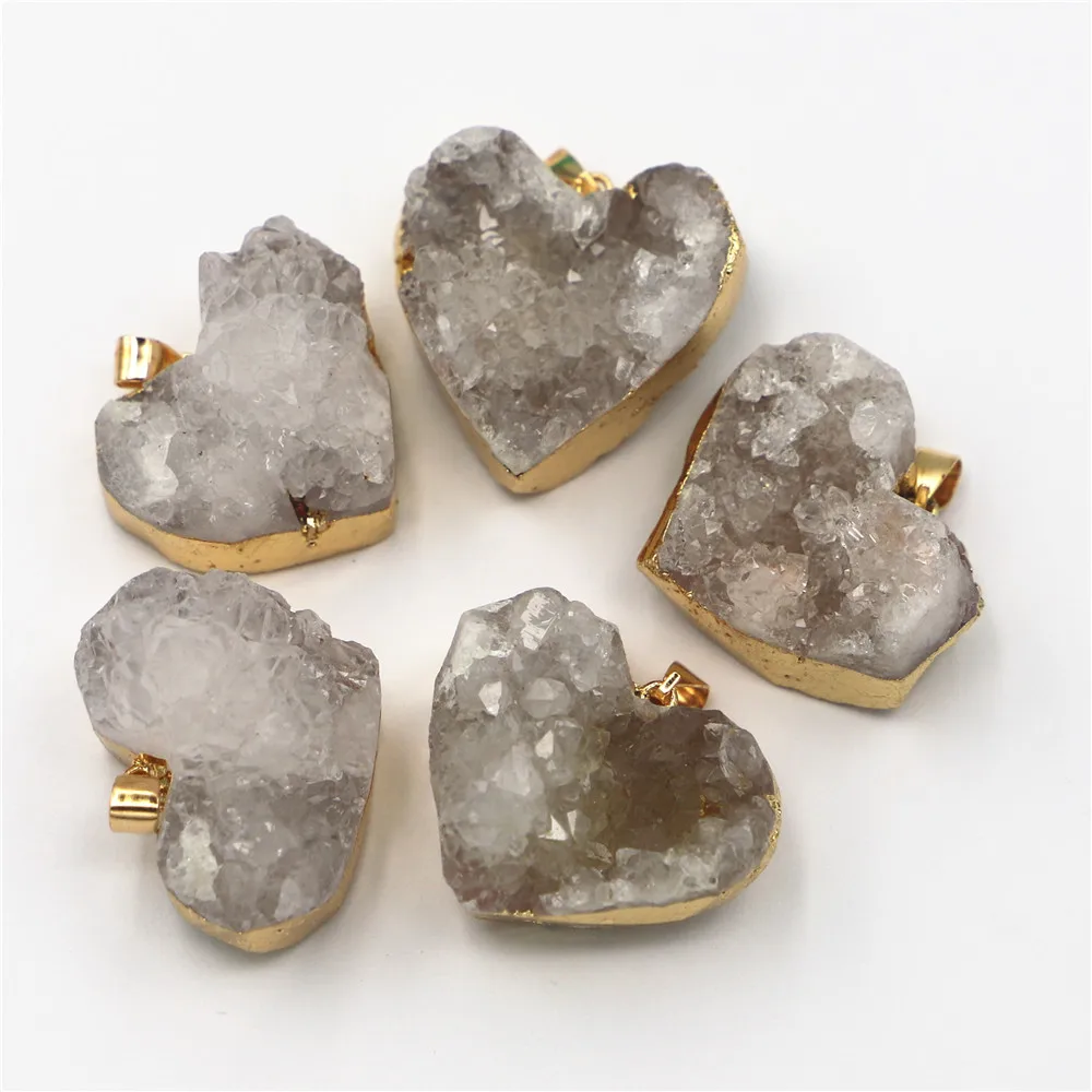 Natural Raw ore Stone Druzy White Crystal Heart Gold Edge Peach Pendants Necklace Charms DIY Jewelry Accessories Wholesale 6Pcs