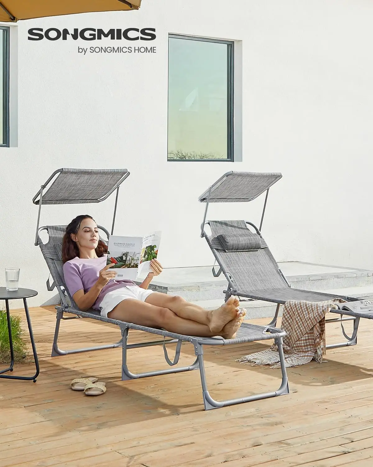 Sun Lounger. Folding Chaise Lounge Chair. Canopy. 76x20.9x11.4". 330lb Capacity. Headrest. Adjustable Backrest. Greige. GCB19T.