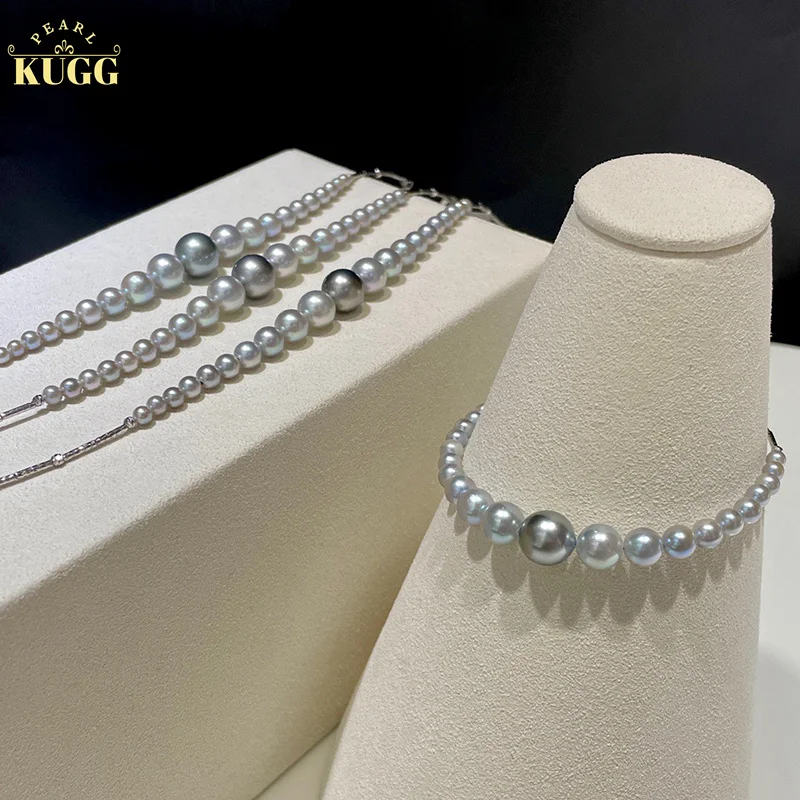 

KUGG PEARL 18K White Gold Pearl Bracelet 3-9mm Natural Tahiti Black and Silver Gray Akoya Pearl Bracelet for Women Birthday Gift