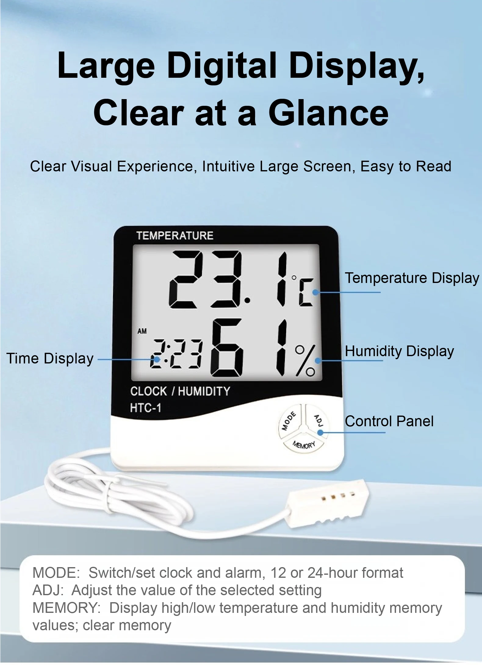 High Precision HTC-1 HTC-2 Thermometer Hygrometer with External Probe Temperatur