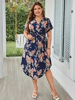Plus Size Summer Women Elegant Dress Vacation Vintage Floral Print Casual V Neck Lace Up Dresses - Image 5