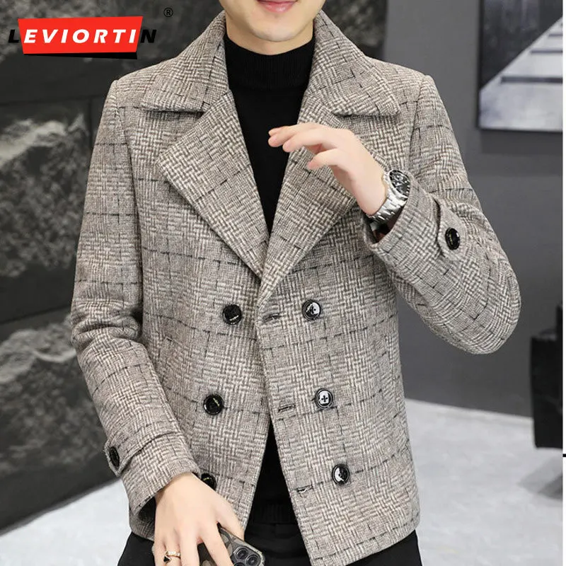 

2023 British Autumn/Winter New Thickened Short Double breasted Casual Slim Fit Woolen Coat Men's Polo Collar Plaid Suit M-4XL