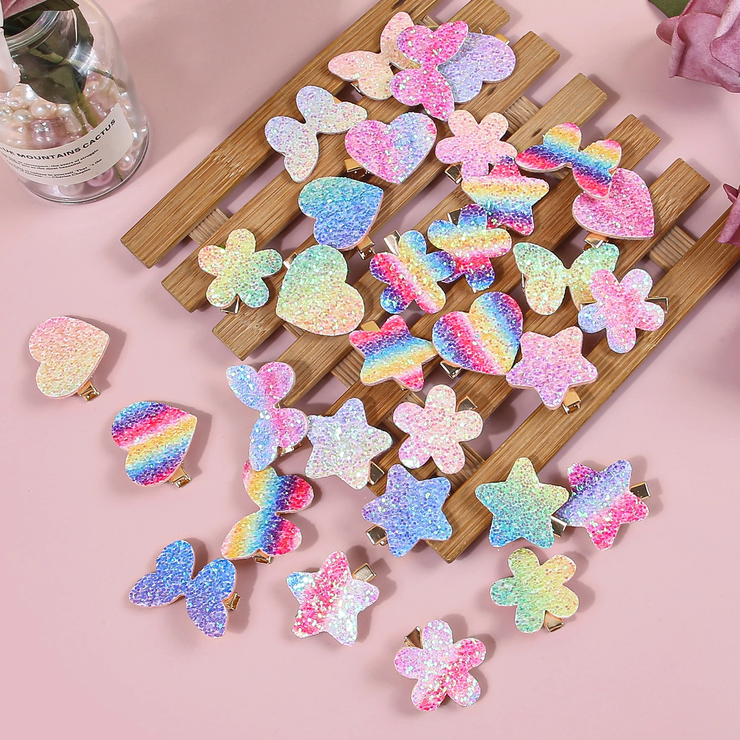 8/32 stücke Sparkly Regenbogen Stern Haar Clips Mädchen Schmetterling Haarnadeln Glitter Blume Herzförmige Haar Clips Kinder Kinder headwear