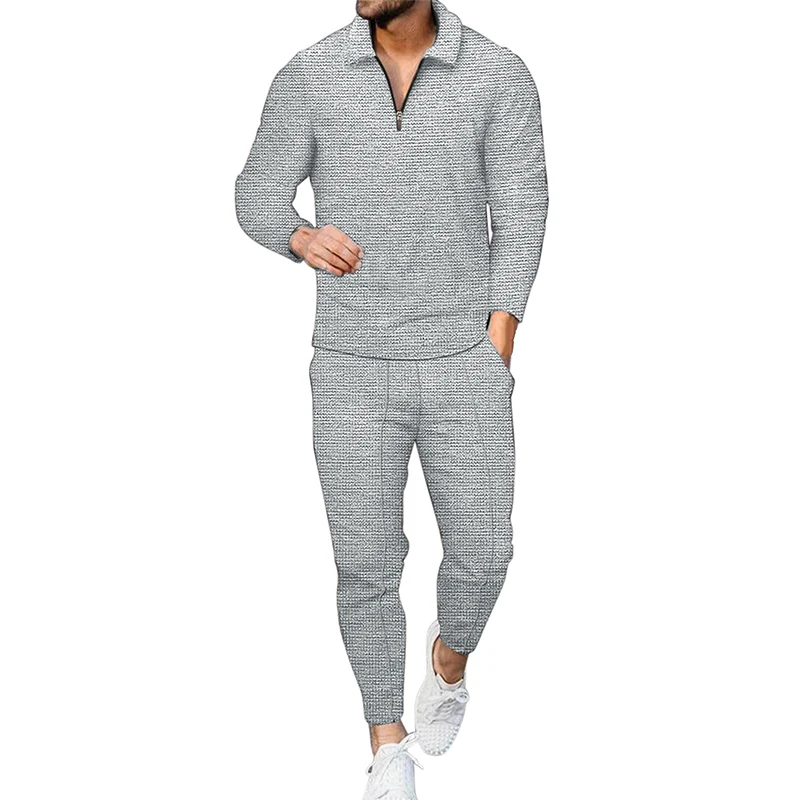 Spring Autumn Solid Color Polo-neck Loose Casual Top Elastic Pants Set Male Fashion Sporty Pullover Tee Sweatpants Suit Homme
