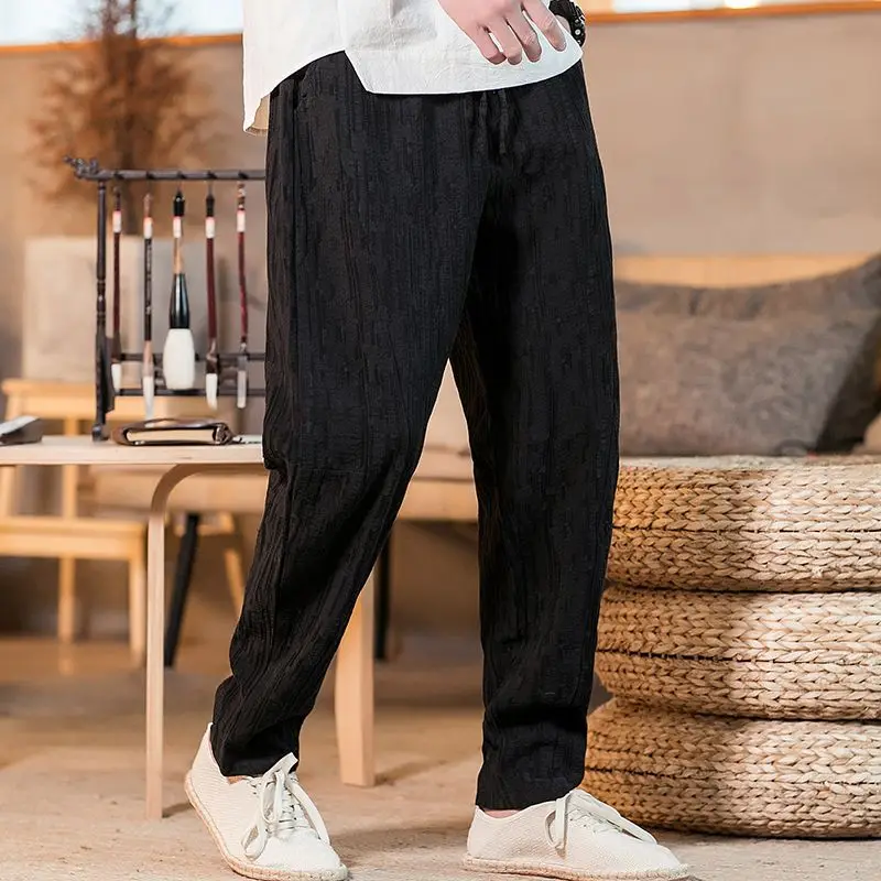 

New Chinese Style Youth Tether Closure Casual Solid Color Flax Men's Trousers Cotton Hemp Daily Loose Men's Fashion Leggings