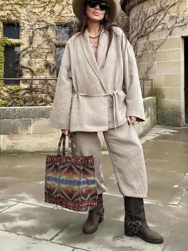 HH Women Loose Wide Leg Pant Set Fashion Lapel V Neck Long Sleeve Thin Blazer Coat With Belt 2024 Summer Ladies Solid Suit