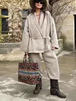 HH Women Loose Wide Leg Pant Set Fashion Lapel V Neck Long Sleeve Thin Blazer Coat With Belt 2024 Summer Ladies Solid Suit - Image 3
