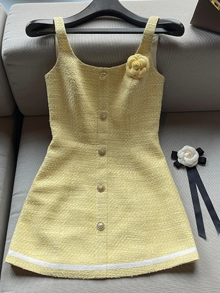 

Korea Small Fragrance Sleeveless Dress Summer Women Gold Buttons Slim Waist Sexy Vintage Tweed Female Vest Dresses 3D Flowers