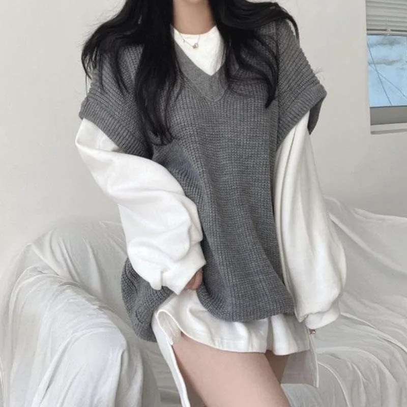 

Fall Winter Sweater Vests for Women Baggy Temperament Fashion Korean Style V-neck Comfortable Simple Cozy Knitwear Jumpers Solid