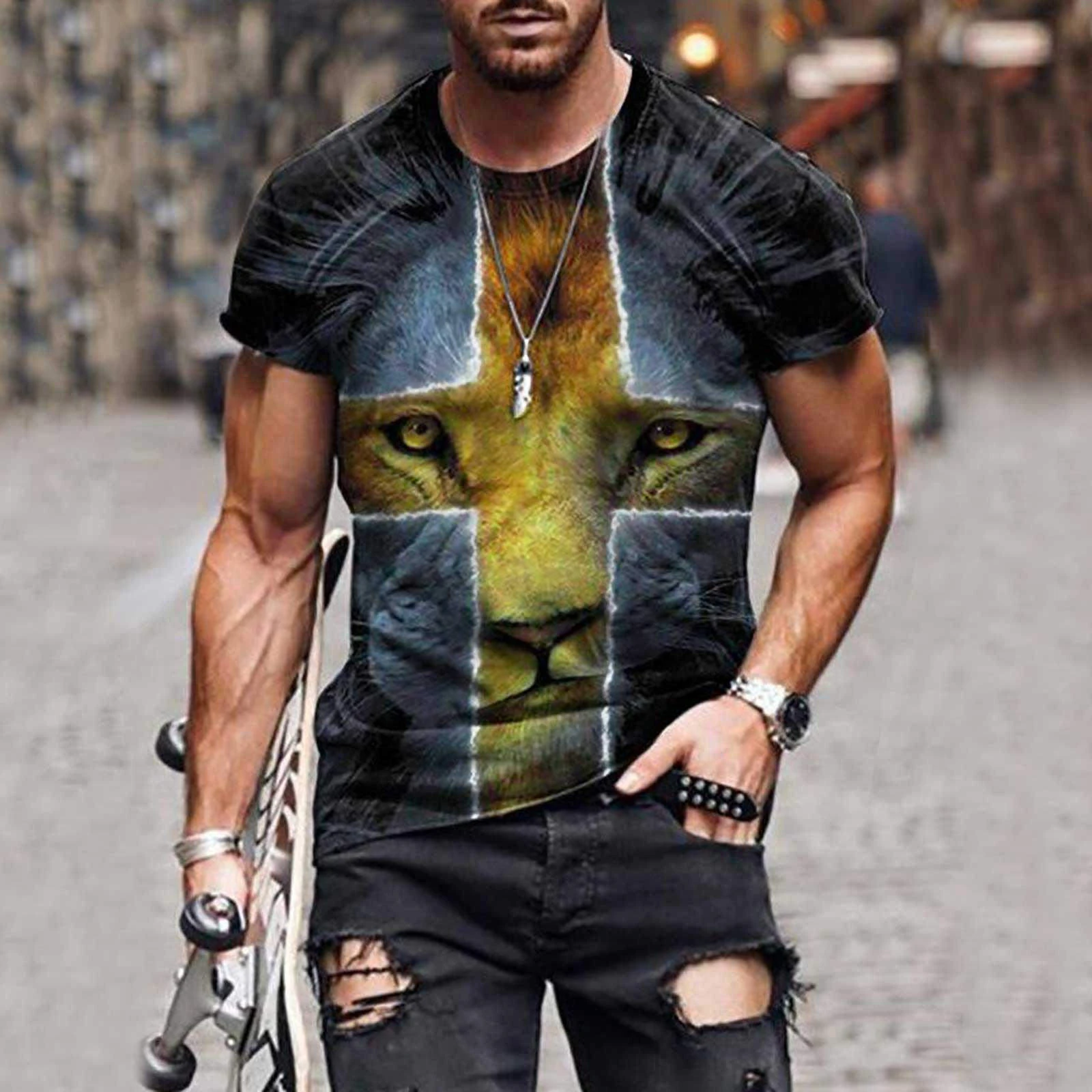 Camiseta con estampado cruzado para hombre, camisa informal de manga corta que combina con todo, cuello redondo de gran tamaño, moda urbana, 2022|Camisetas| AliExpress