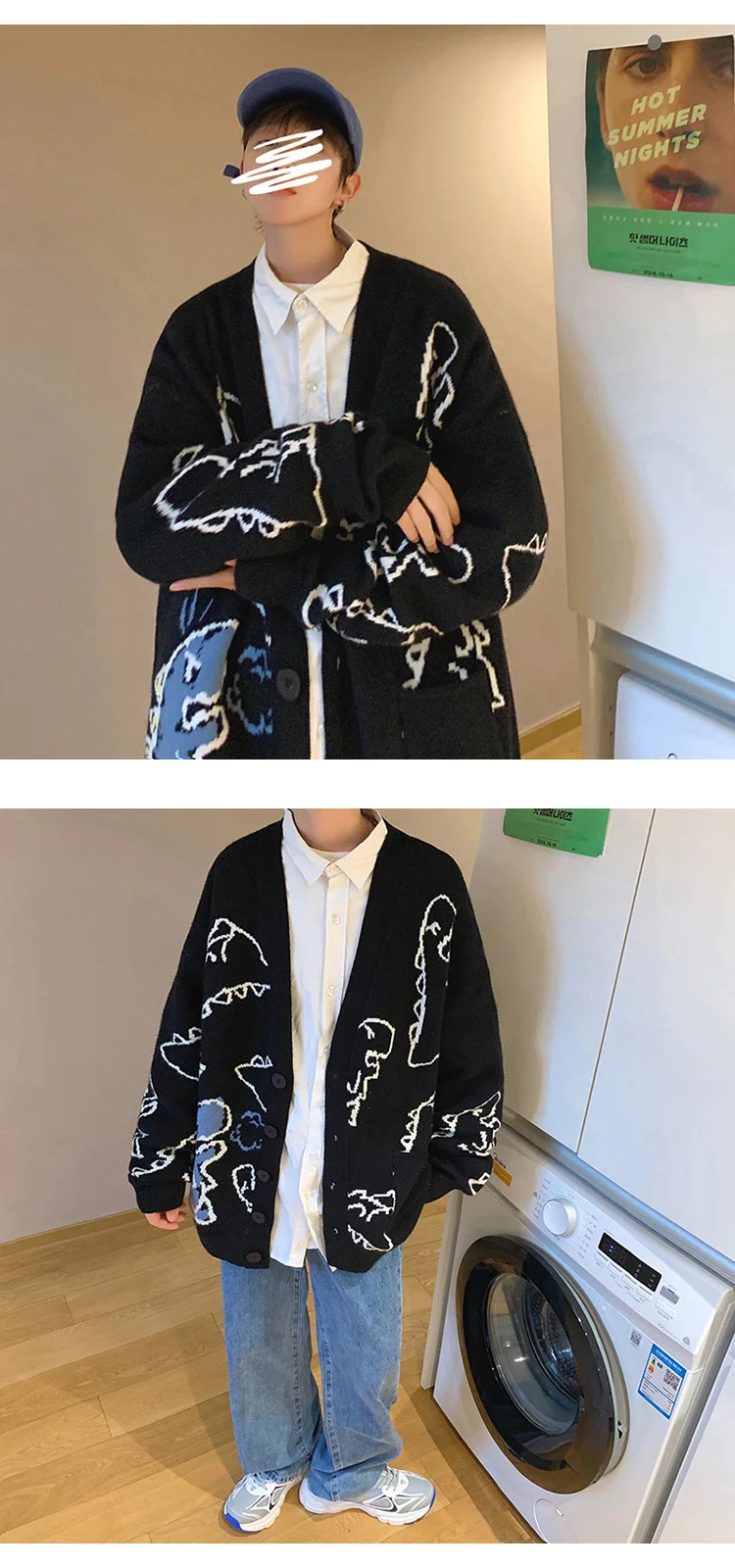 Autumn Oversize Cardigan Men Knitted Dinosaur Sweater Streetwear Loose Male Women Coat 2024 Doodle Hop Pattern Winter