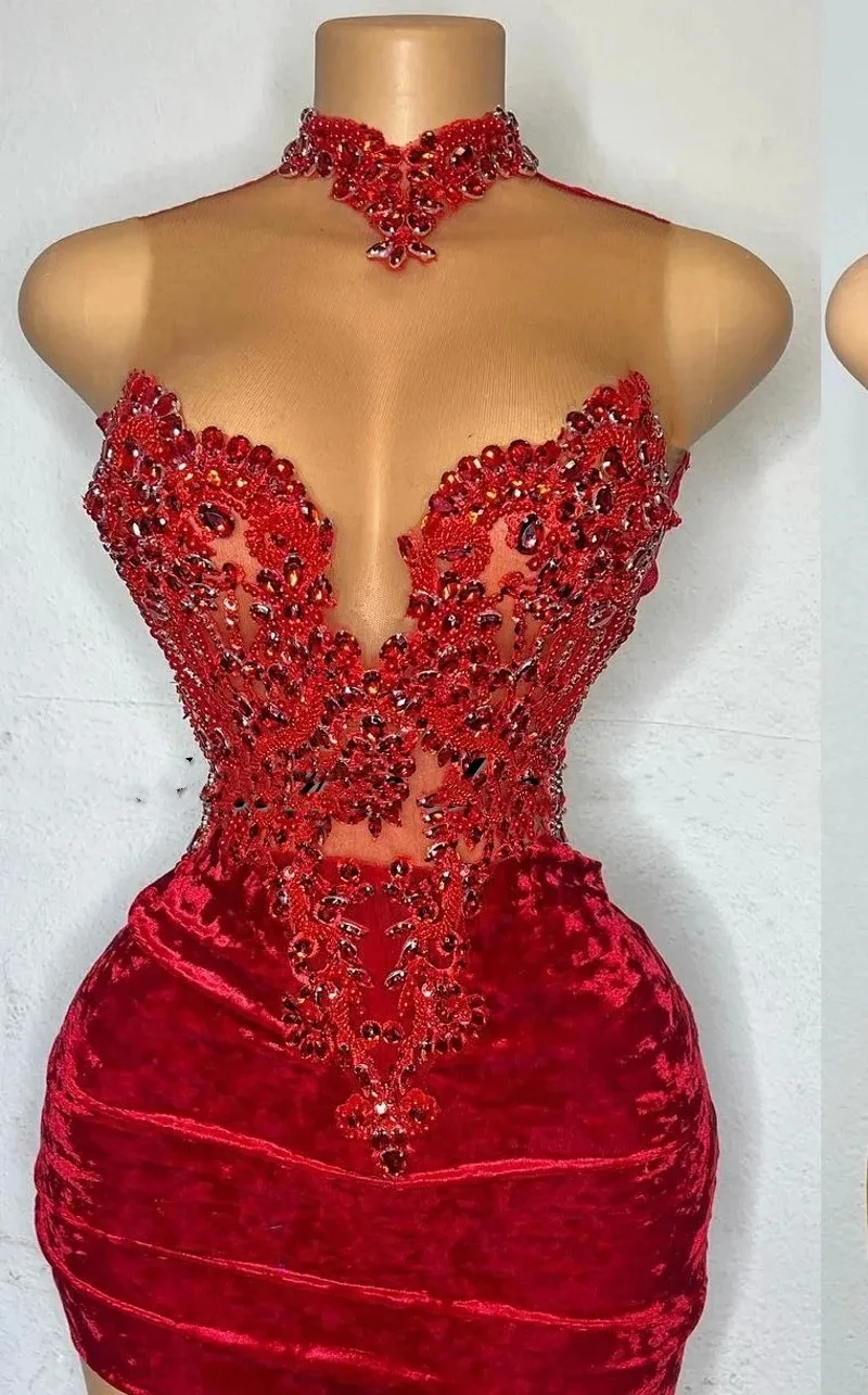 

Сексуальные золотистые/красные короткие платья-футляры для выпускного вечера 2024, с бисером, блестками, с высоким воротником, бархатные Вечерние платья на день рождения, платье сорисе