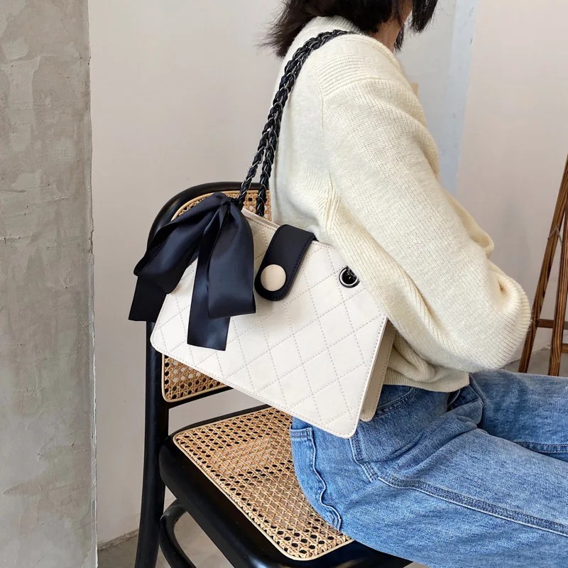 Elegant Square Shoulder Bag For Women With Chain Strap And Ribbons_voghion.com