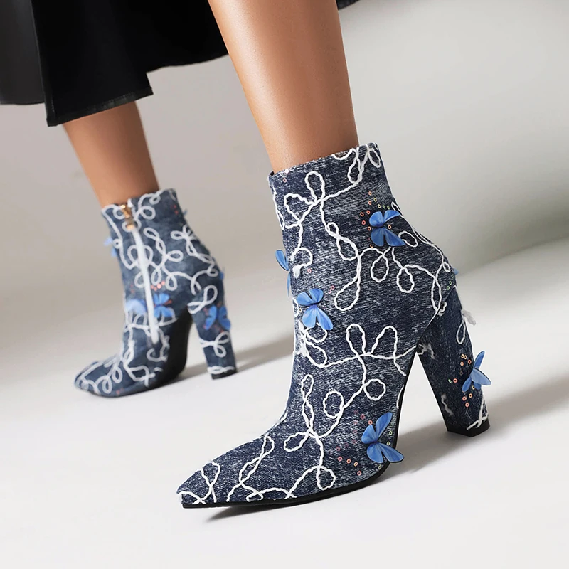

ENMAYEPlus Size Denim Fabric Embroidery Butterfly Novelty Women's Short Boots Pointy High Thick Heel Embroidery Line Ankle Boots