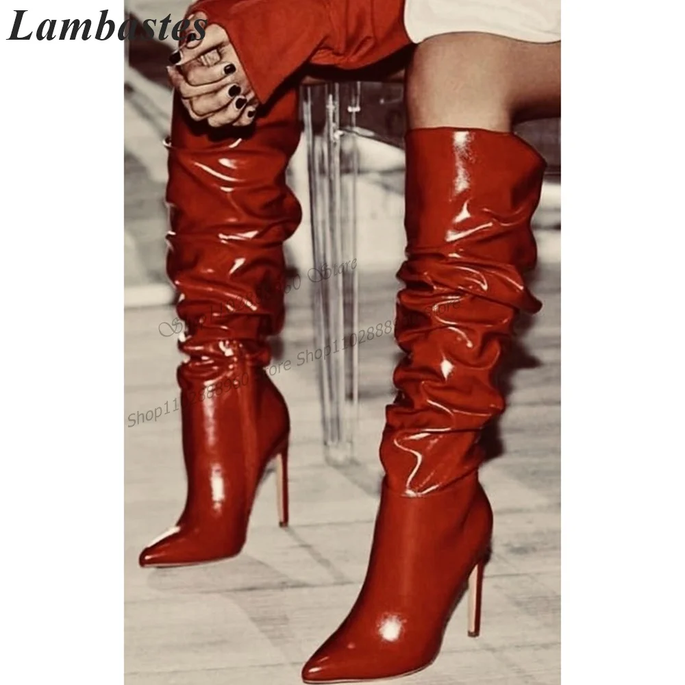 

Sexy Knee High Red Patent Leather Pleated Boots Stilettos High Heel Women Shoes Side Zipper Pointed Toe 2023 Zapatillas Mujer