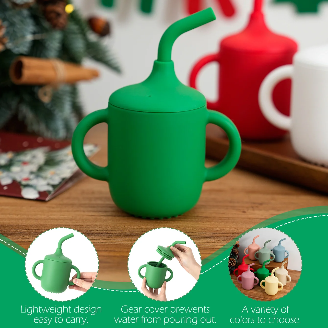 컬러 키즈 1PC  먹이기 빨대 컵 더블 핸들 BPA 프리 용 실리콘 학습 컵 훈련용 물컵 크리스마스 선물