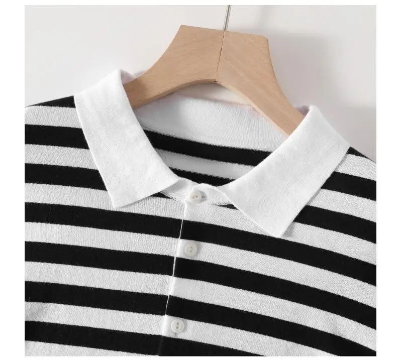 Vintage black and white striped short-sleeved loose breathable casual upper knit polo shirt 9 Sfe80a2fdc7c443c3bb43a1c981fd9a1ed