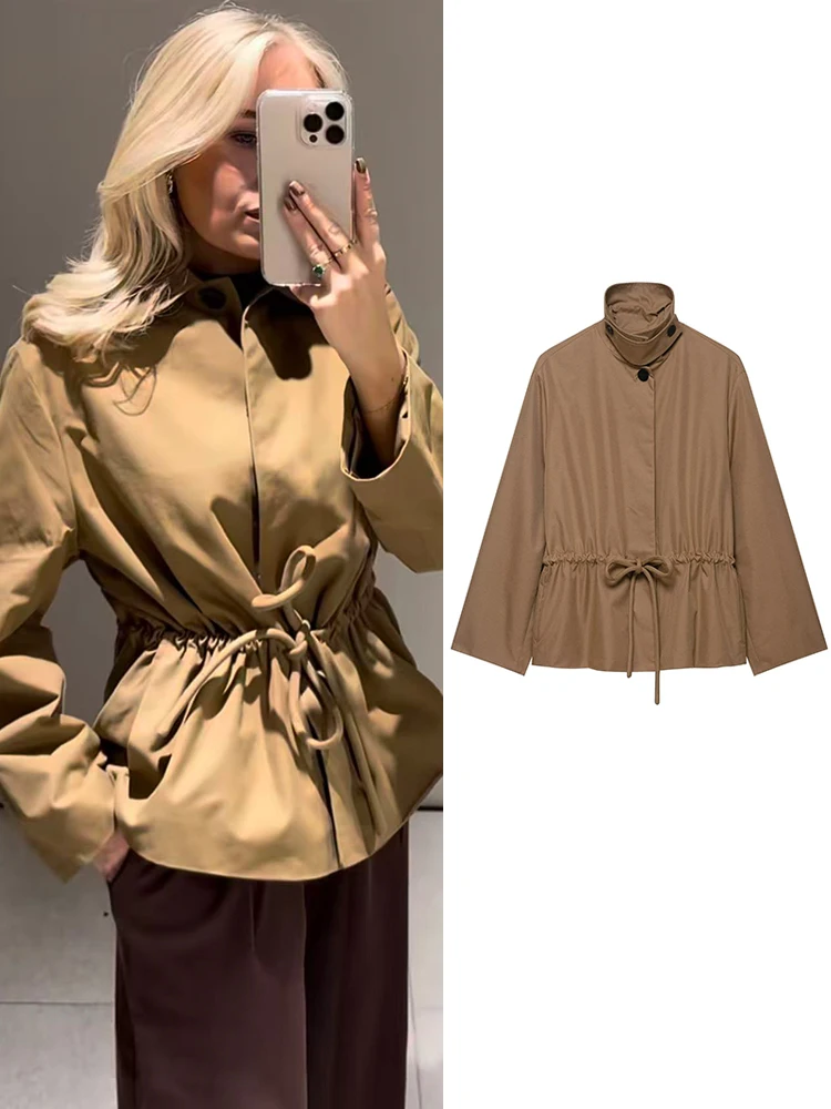 TFMLN 2025 Autumn Women Solid Drawstring Jackets Fashion Causal Long Sleeve Loose Cropped Coats Simple Ladies Streetwear Tops