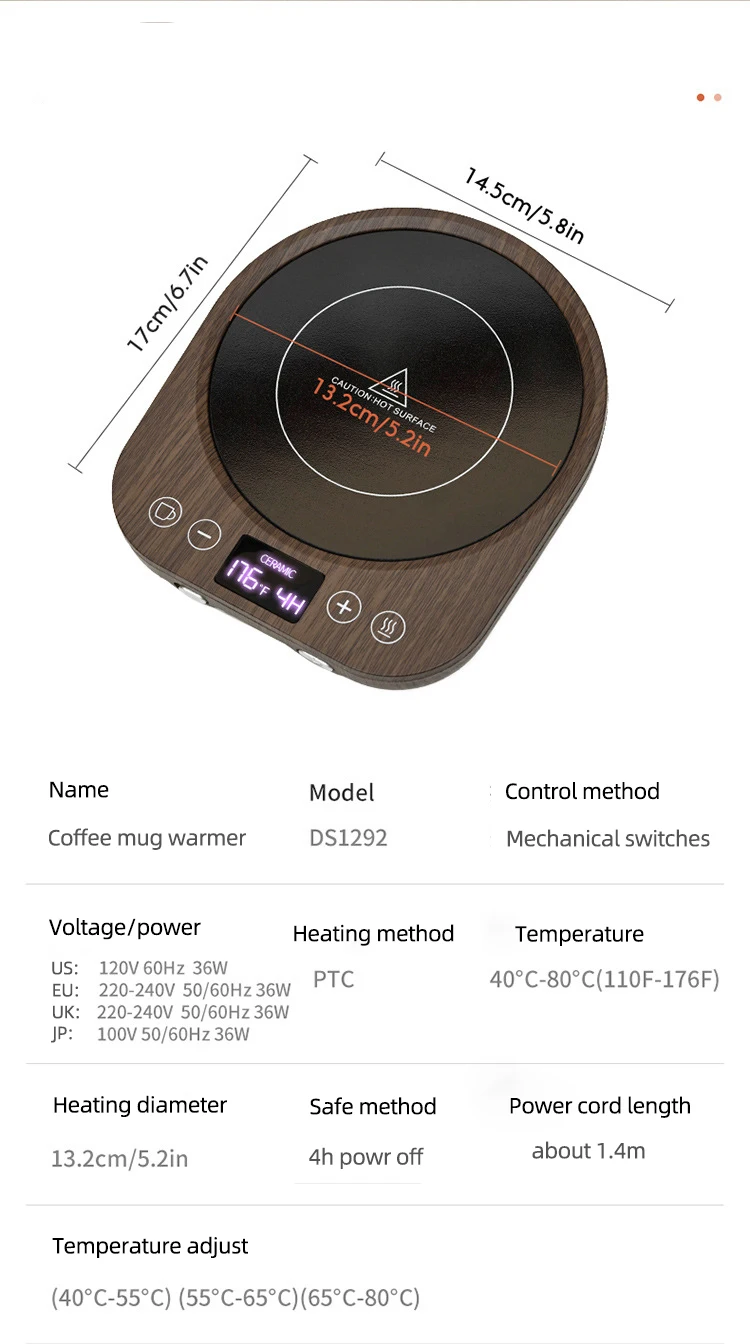 Description Picture 5 of item110V/220V Coffee Mug Warmer Cup Heater Hot Tea Makers Timing Heating Pad Warmer Coaster Electric Hot Plate Coffee Heater 36W