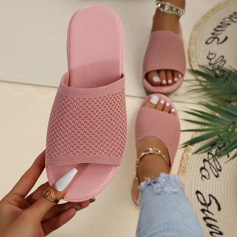 2023 Spring/Summer Flying Weaving Flat Bottom Anti Slip PU Casual Beach Shoes Flat Bottom Slippers for External Wear