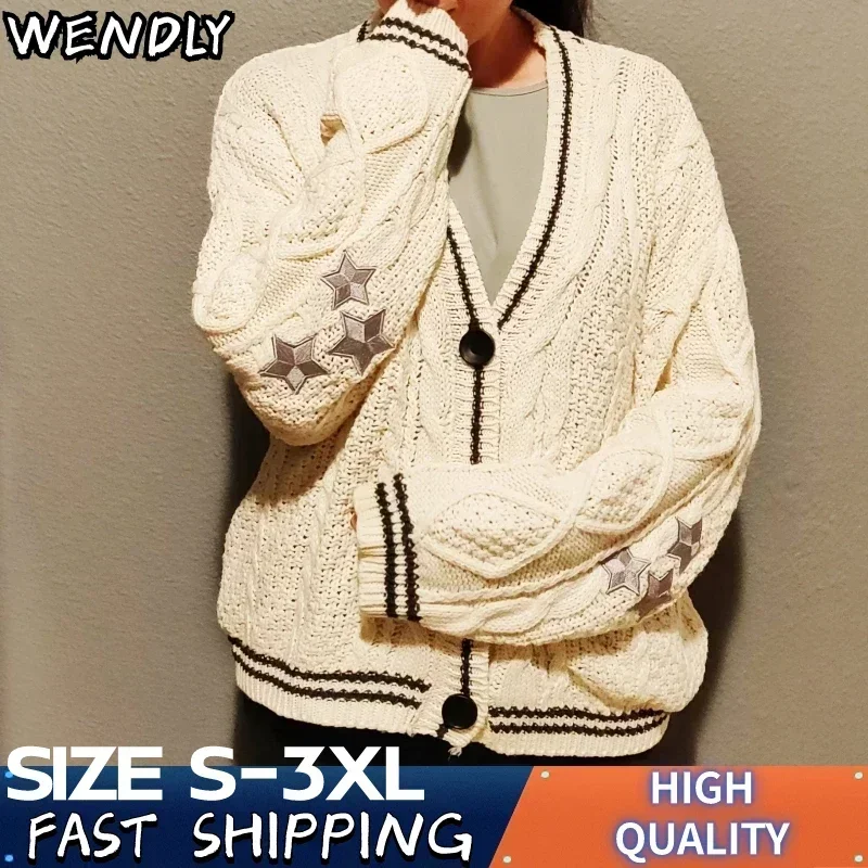 

Autumn Fashion Warm Beige Knitted Cardigan Women Winter Star Embroidered Loose Fit Long Sleeves Holiday Cardigan Women Tops Y2k