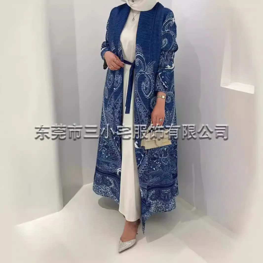 Women's Fold Miyake Pleated Abaya Long Sleeve Print Foldable Collar Robe Cardigan Coat Winter Original Design