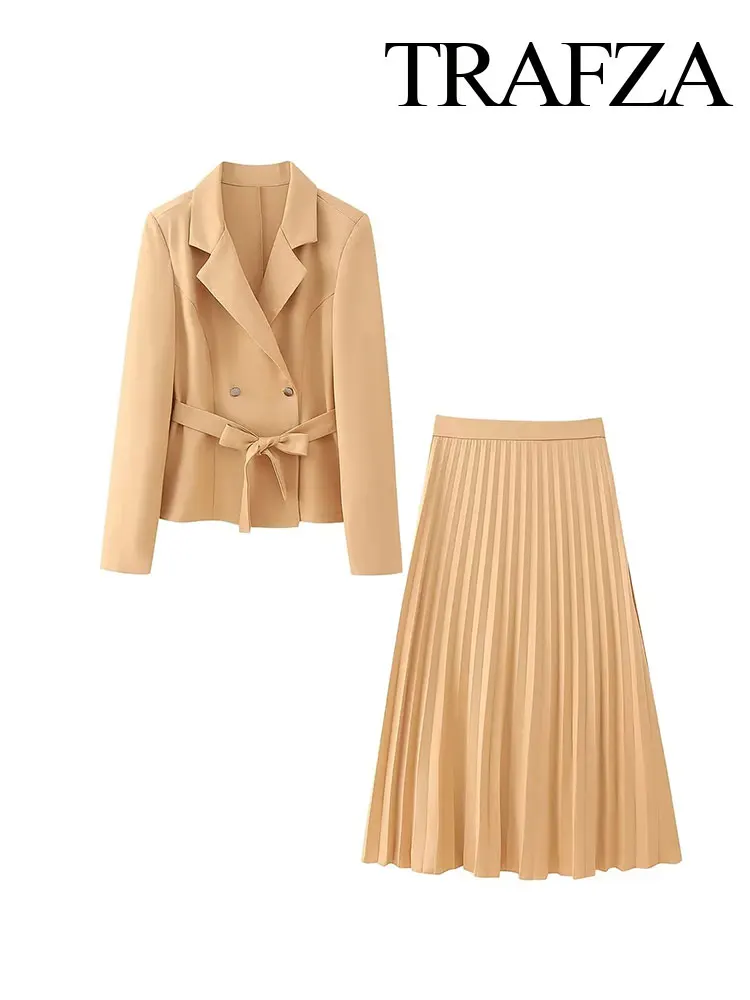 

TRAFZA Winter Women's Casual Belted Blazer Suit Fashionable High Waist Side Pull Women's Pleated Chic Loose Skirt 2-piece Set