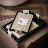 Black/Beige Woven Leather Storage Tray Rectangle with Handle Jewelry Display Plate Handmade Cake Fruit Dessert Tray for Home 2