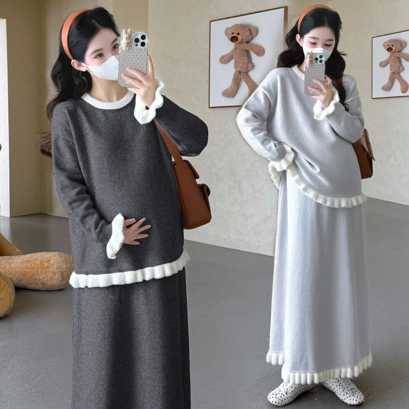 출산복 가을 겨울 부드럽고 귀여운 분위기의 루즈핏 부드럽고 편안한 러플 스웨터와 스커트 임산부 투피스 세트