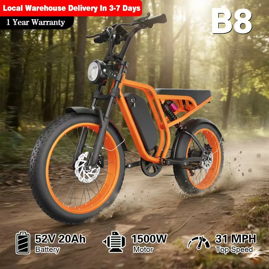 US Stock! 20'' Adults Electric Bike 1500W Motor 52V 20AH 80 Miles 32MPH IP65 Waterproof Electric Bicycle Mountain Snow Ebike