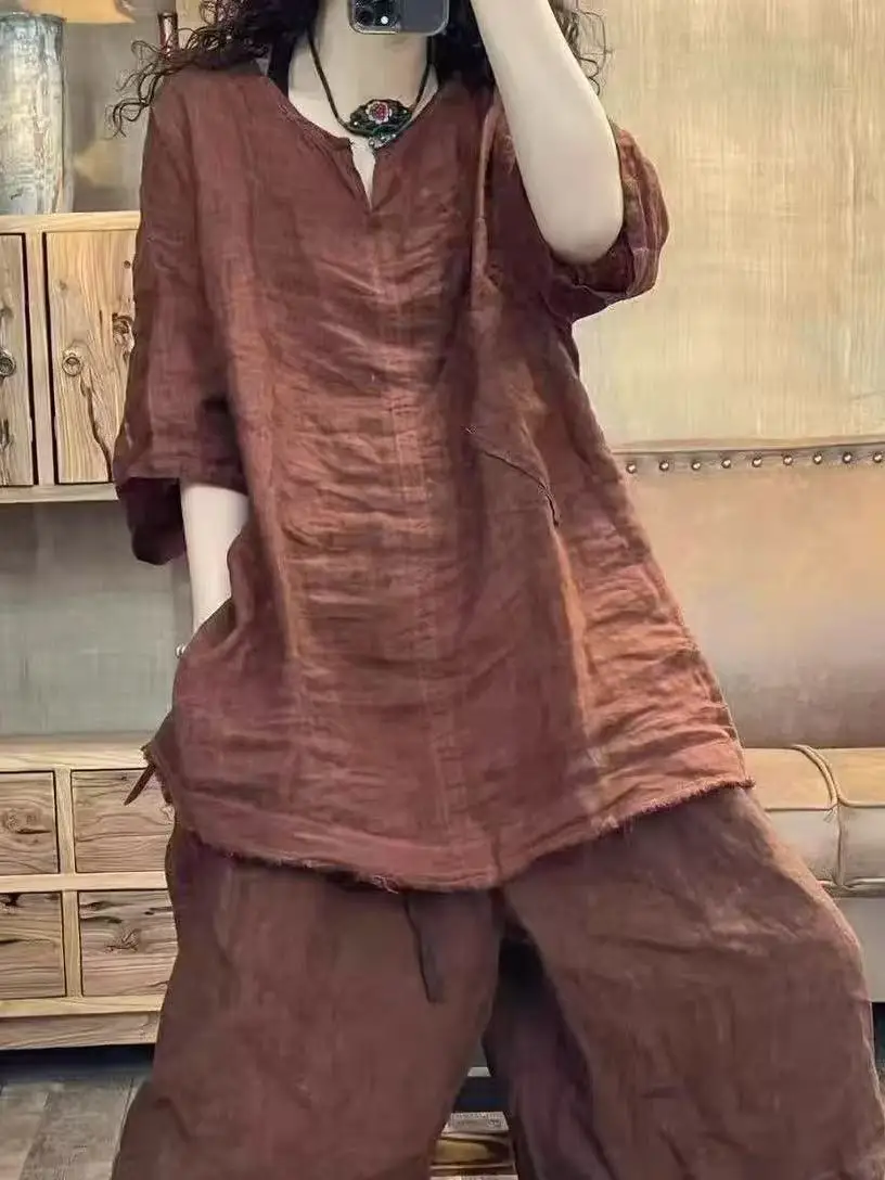 Retro Linen Cotton T-irt Women's Casual Long Sve V-Ne Mid-Length Vintage Waed Summer Faion Versatile Top