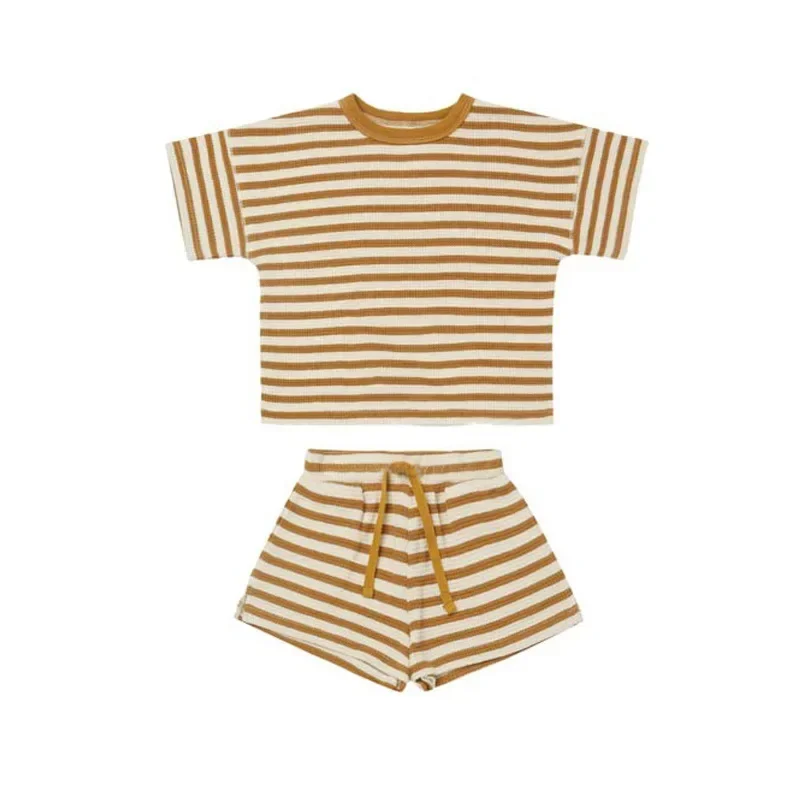 Infant Set 2022 Summer Boys and Girls Short Sleeve Shorts Waffle Round Neck Stripe Two Piece Set Newborn Baby Girl Clothes 5
