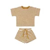 Infant Set 2022 Summer Boys and Girls Short Sleeve Shorts Waffle Round Neck Stripe Two Piece Set Newborn Baby Girl Clothes 5