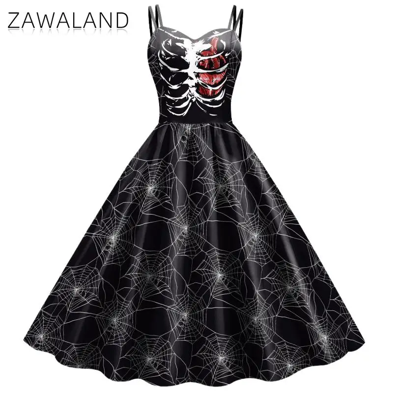 Cosplay Costume Girls Party Dress Zawaland Halloween Fancy Skeleton Rose Print Women Dress Girl Carnival Party Dresses Female Goth Horror Costume Rockabilly Dress