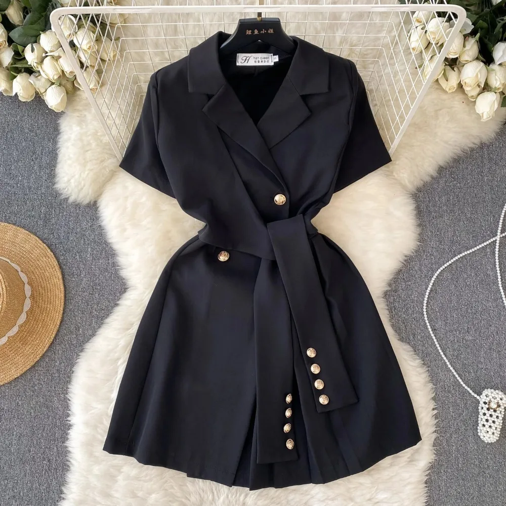 

Vintage Elegant Lace Up Turn-down Collar Short Sleeve Dress A-line Casual Women Fashion High Waist Summer Spring Short Dress