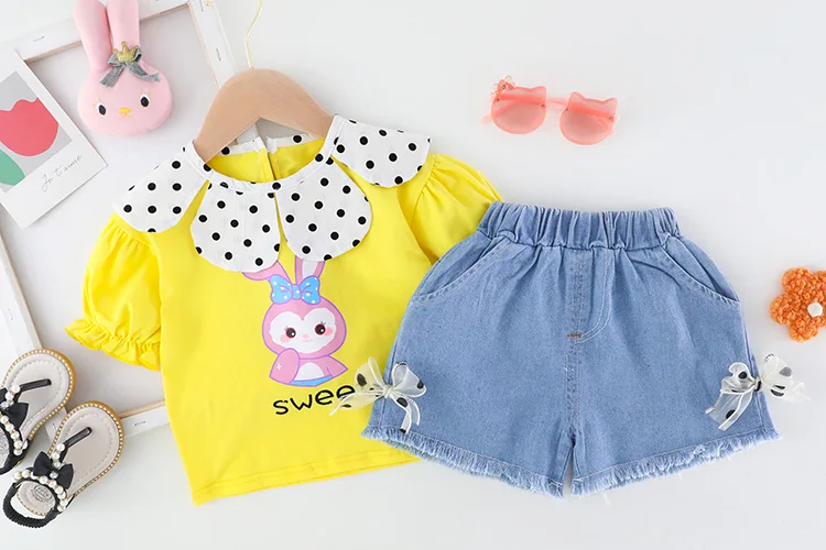 Pretty Bunny Cartoon Print Toddler Girls Cotton Shirt and Jeans Shorts