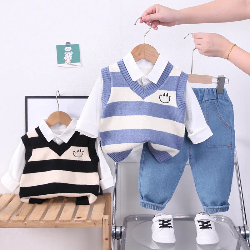 Toddler Boy Striped Vest, Shirt & Jeans Set 4