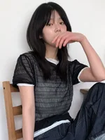 Summer New Women's ort Sve T-irt Me See-tough Bubble Sve Sweet Sle Regular Length Thin Fabric round Ne Pure...