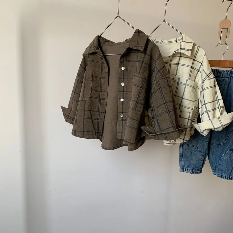 Spring autumn Boys and Girls corduroy plaid long sleeve shirts 1-6 years children vintage casual shirt Top