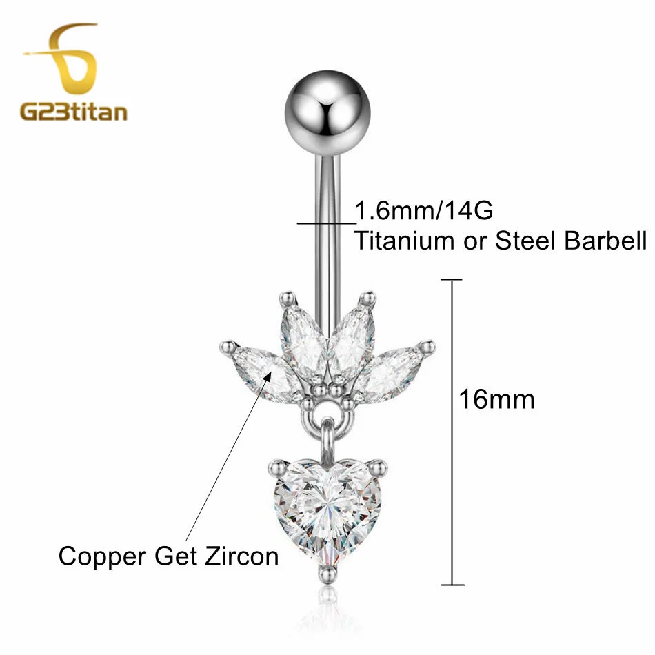 Belly Button Ring Jewelry G23titan Silver Color Lotus Flower Heart Shape Pendant Belly Ring 14G Medical Titanium Curved Barbell Navel Piercing Jewelry