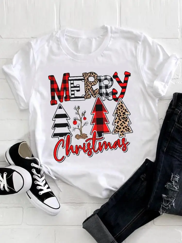 

Merry Christmas Fashion Women Graphic T-shirts Printing Plaid Festival Trend Cute Clothing New Year Print Short Sleeve Top Tee