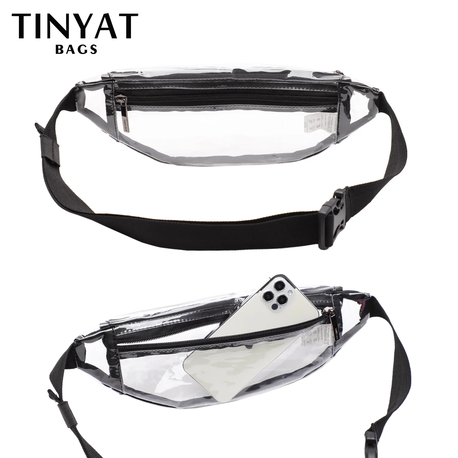 TINYAT Clear Women's Waist Bag Packs Concert Shoulder Belt Bag Man Casual Fanny Pouch PVC Fashion Bag For Women 2 Pockets