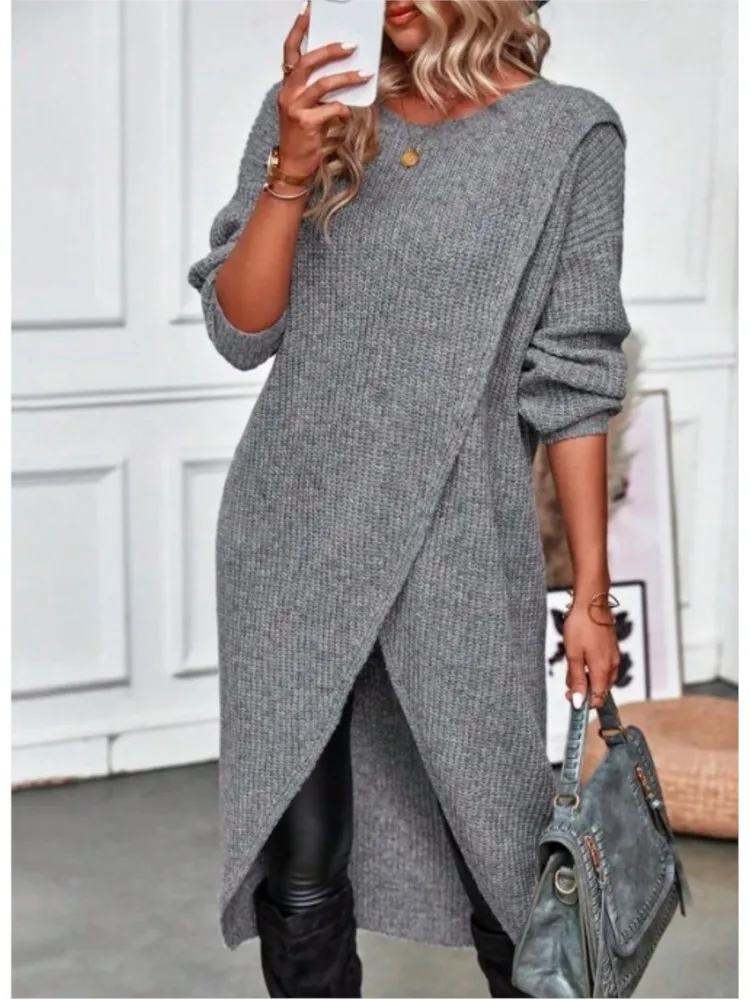 Langes Strickpulloverkleid für Damen, 2025, Herbst und Winter, warme Pelzpullover, lässig, solide, locker gestrickt, Midikleid, Damen-Arbeitspullover