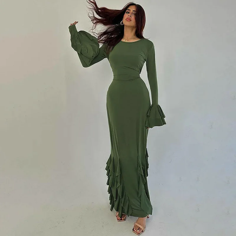 O Neck Knit Ribbed Long Sleeve Ruffles Women'S Dresses Elegant Evening Manufacturer Casual Y2K Prom Ladies Dress