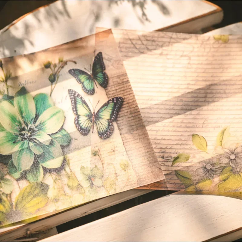 Vintage Butterfly Vellum Stickers Small Background Paper Plant Flower Transparent Stickers Scrapbooking Material 3"X3" 12 Sheet