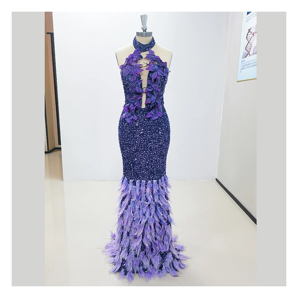 

Feathers Sequined Purple Evening Dresses Sleeveless Halter Floor Length Appliques Special Occasion Gown Custom Made Long Dress