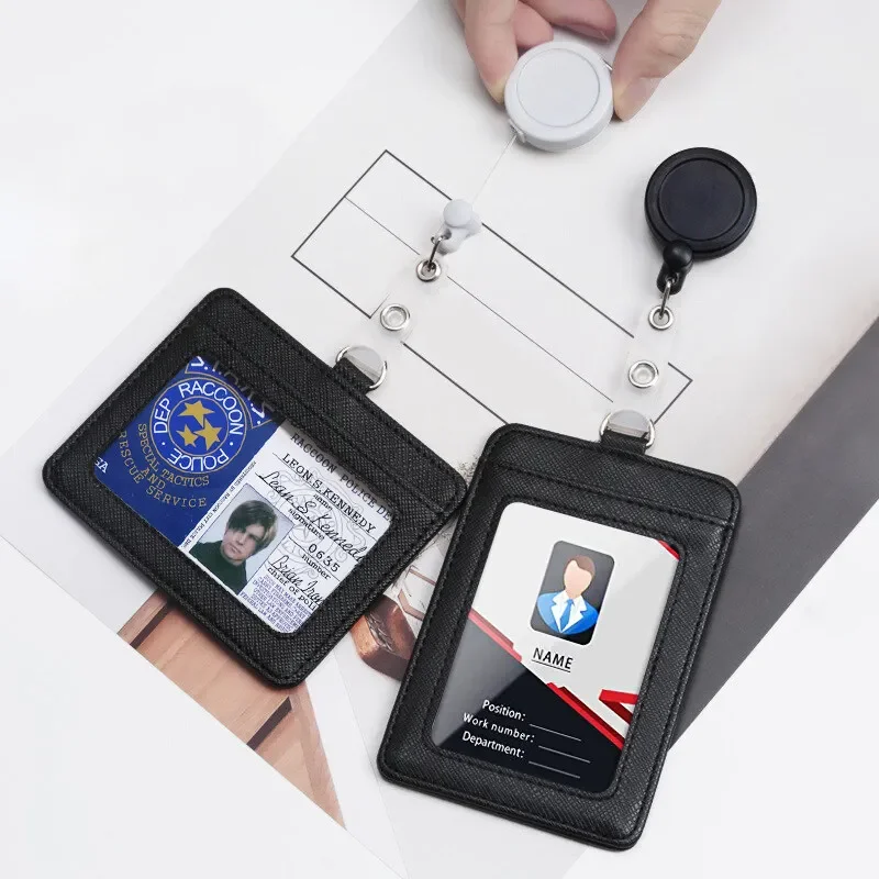 

High Quality Badge Holder Reel Retractable Pull Clip ID Name Card Office Chest Tag Reels with PU Leather ID Case Pouch Holders