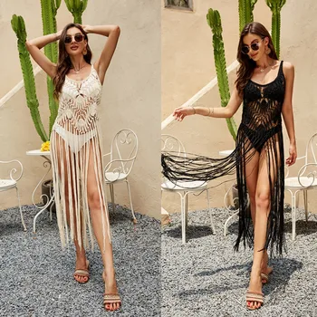 Women Beach Dress Crochet Fringe Beach Cover-Up Maxi Dress Hollow Out Sleeveless Lightweight Swimwear Cover Up 1